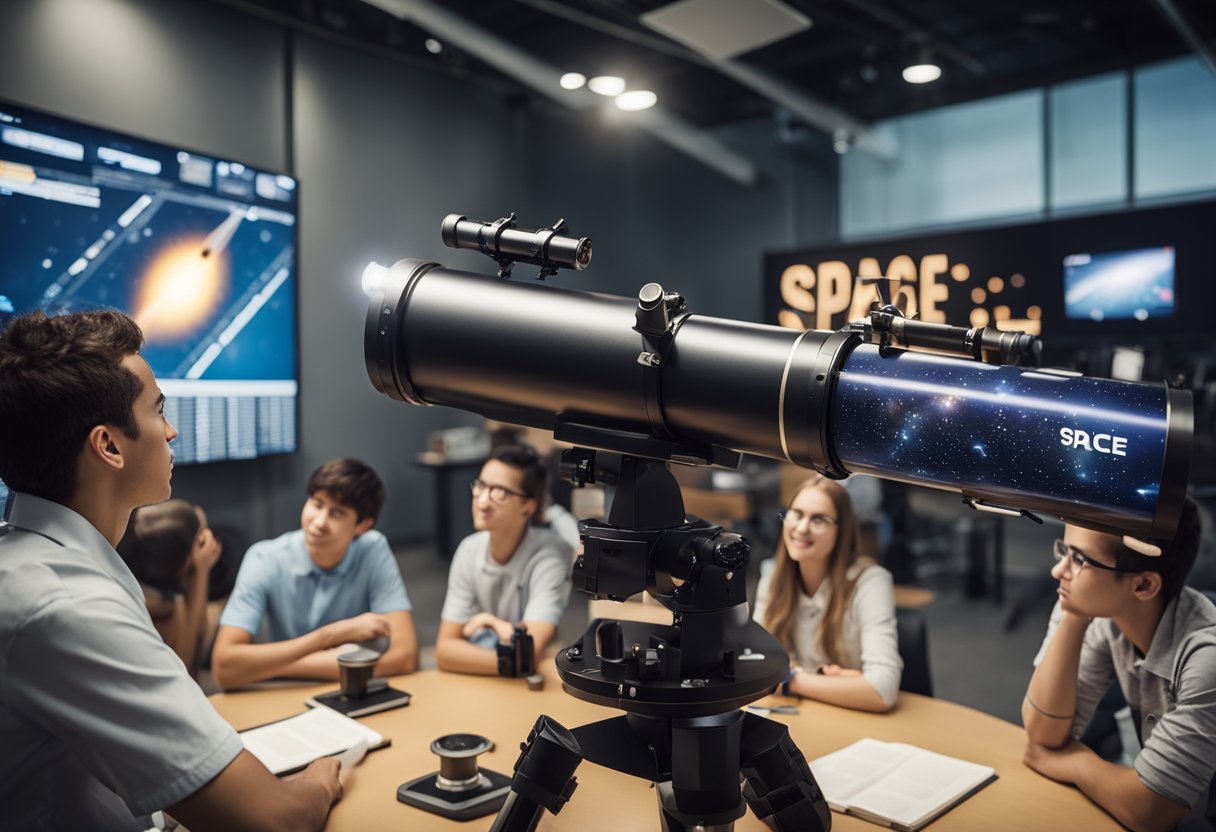 A group of students gather around a telescope, watching a live feed of a rocket launch. A banner reads "Space-themed educational programs" in the background