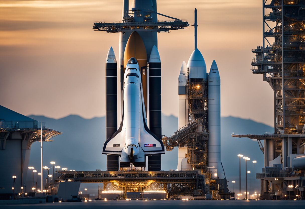 A futuristic space shuttle docks at a luxury spaceport, surrounded by sleek spacecraft and towering launch pads. A team of engineers and technicians work diligently to prepare for the next space tourism adventure