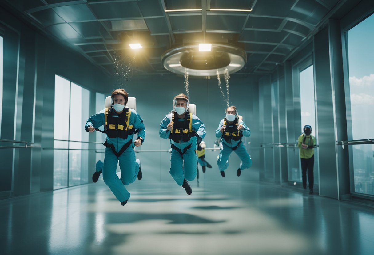 A group of weightless individuals float in a regulated environment, experiencing a sense of weightlessness while following safety regulations