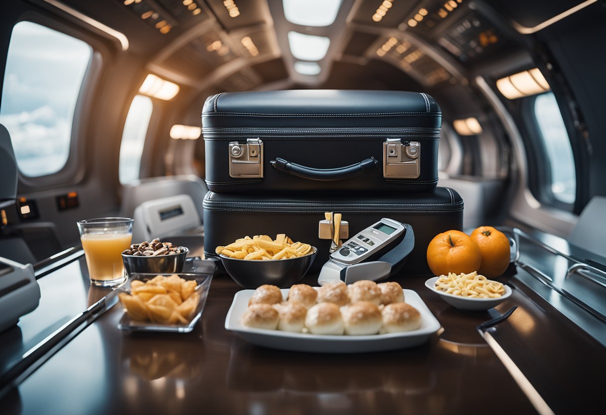 Objects float in a spaceship cabin: luggage, snacks, and a floating pen. Gravity is absent, creating a weightless environment for a unique flight experience