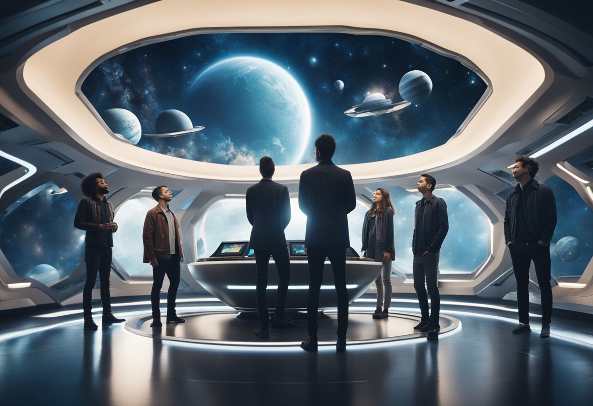 A group of people floating effortlessly in a spacious, futuristic spacecraft, with a backdrop of stars and planets outside the windows