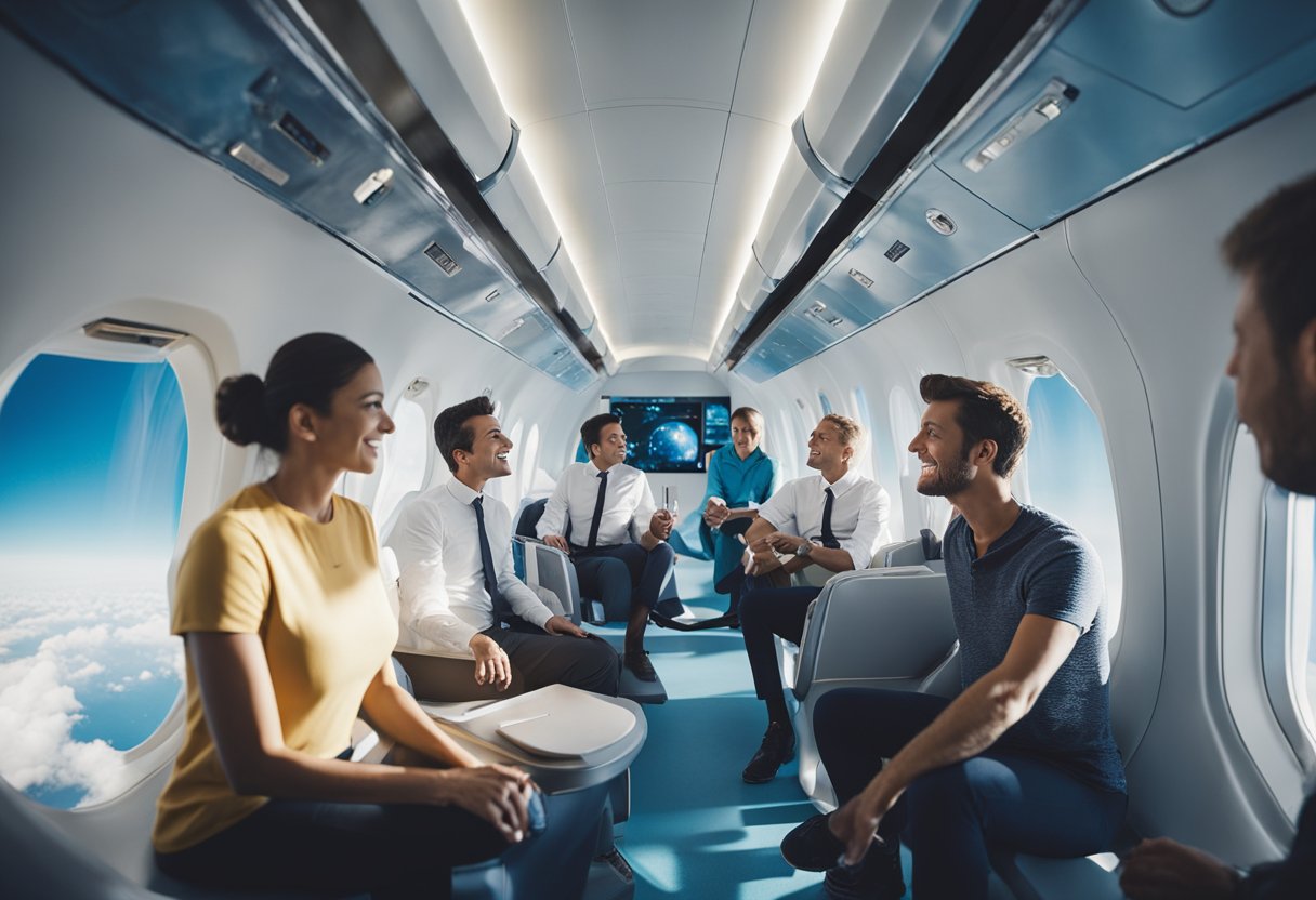 Passengers booking weightlessness experience packages float in a spacious, zero-gravity environment