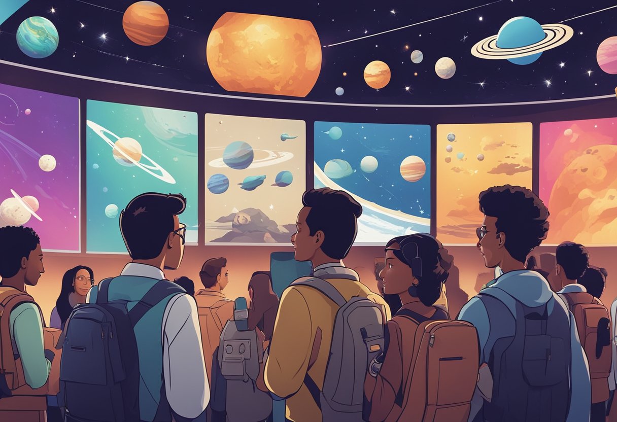 A group of diverse students eagerly engage with a knowledgeable instructor, surrounded by colorful posters and interactive displays about space exploration