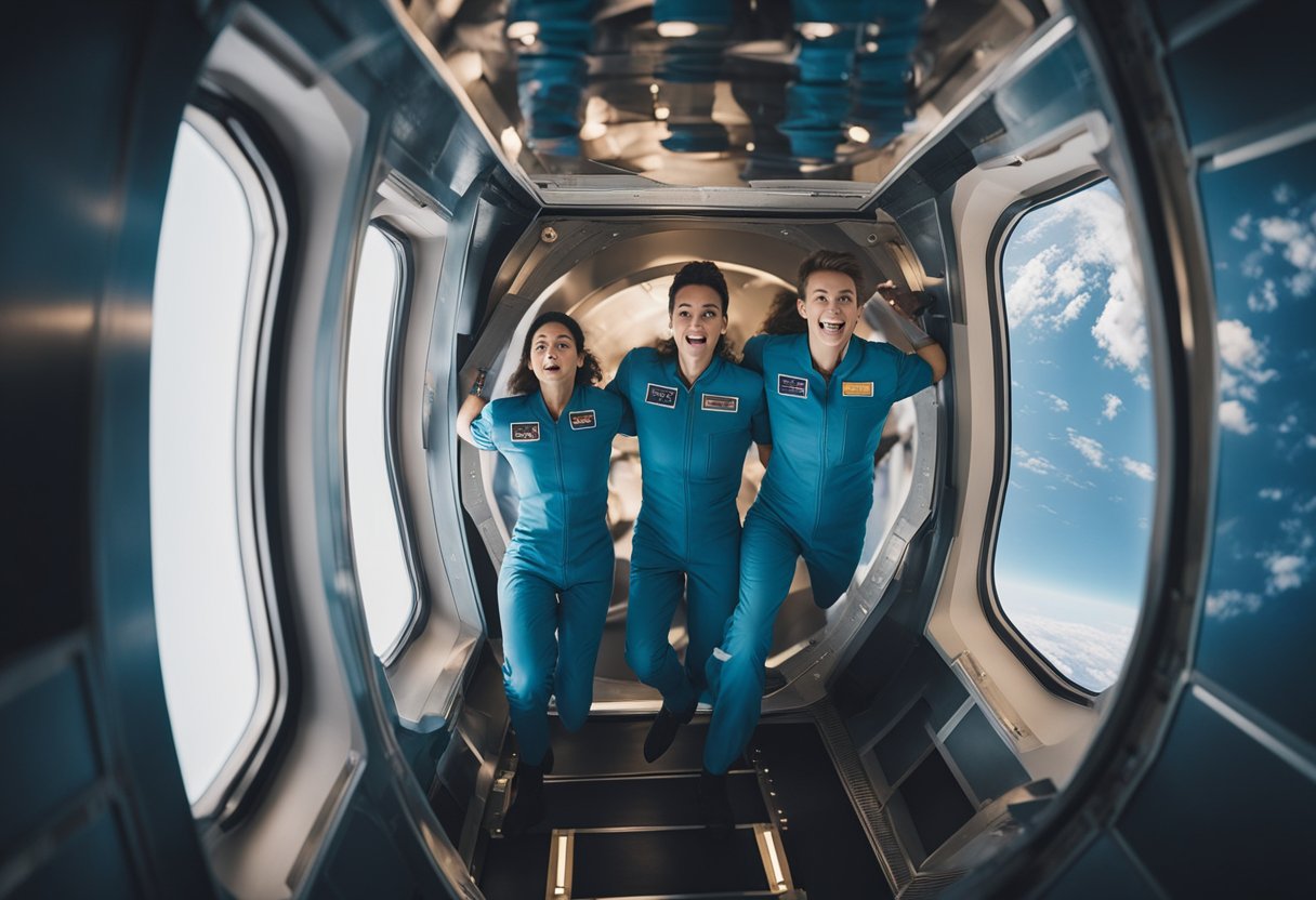 Passengers float in zero gravity, gazing at Earth below. Packages of weightlessness experiences surround them