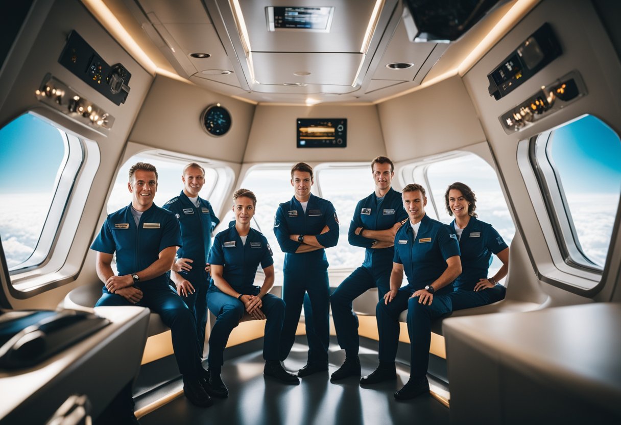 Pilots and crew float in a zero-gravity cabin, equipment and objects floating around them