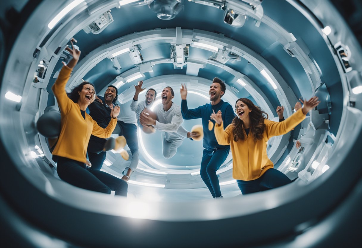 A group of people floating in a zero-gravity chamber, laughing and playing with objects in mid-air