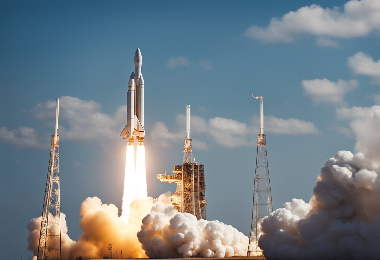 A rocket launches into space with Earth in the background, showcasing the excitement and adventure of space tourism