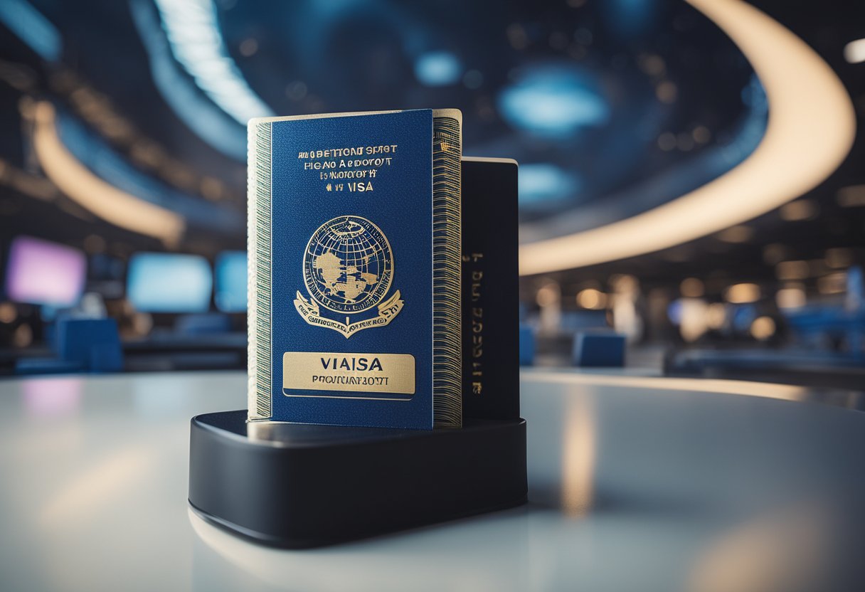 A passport and space travel visa on a futuristic spaceport counter