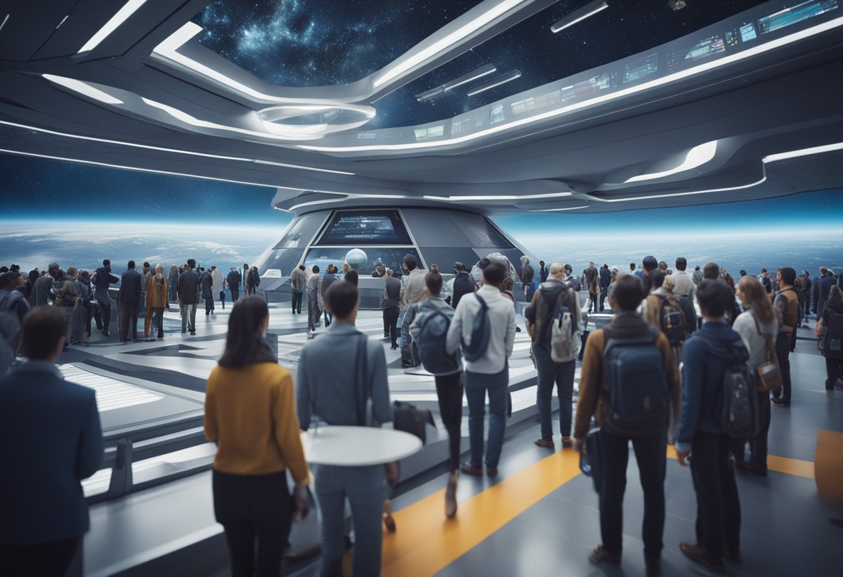 Space tourists gather at a futuristic spaceport, passports in hand, awaiting visa approval for their interstellar adventure