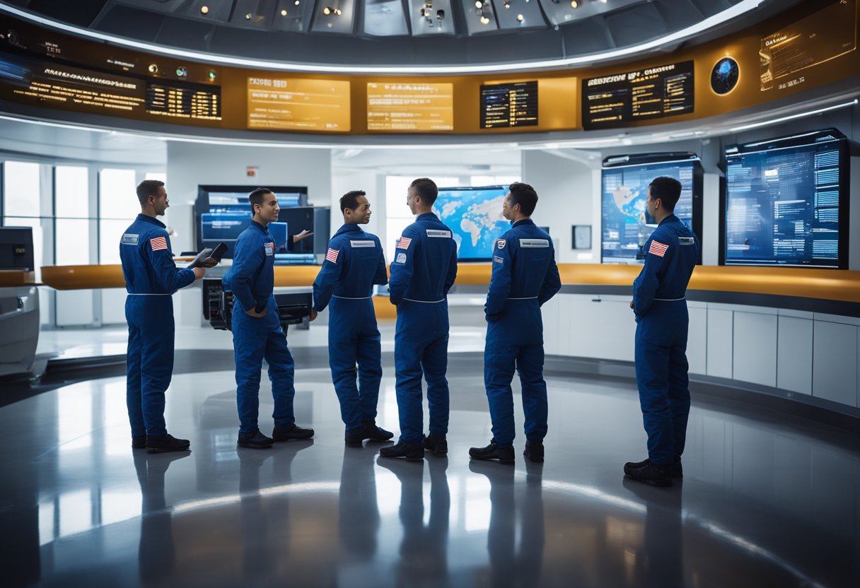 A space tourism training center, with visa info displayed, astronauts preparing for flight
