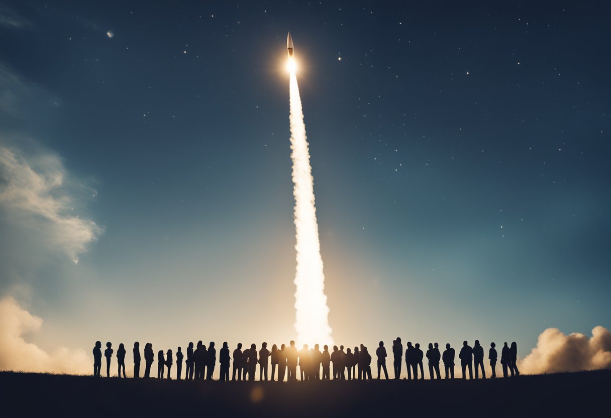 A crowd gathers, gazing upward at a rocket launching into the sky, symbolizing public interest in space exploration