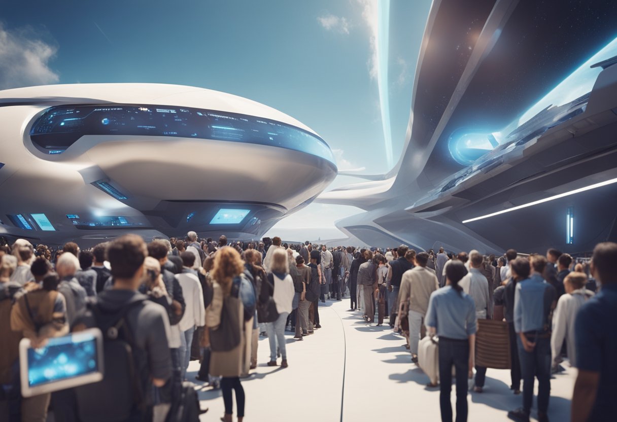 A futuristic spaceport with sleek spacecraft and a diverse crowd waiting in line for space tourism visa checks