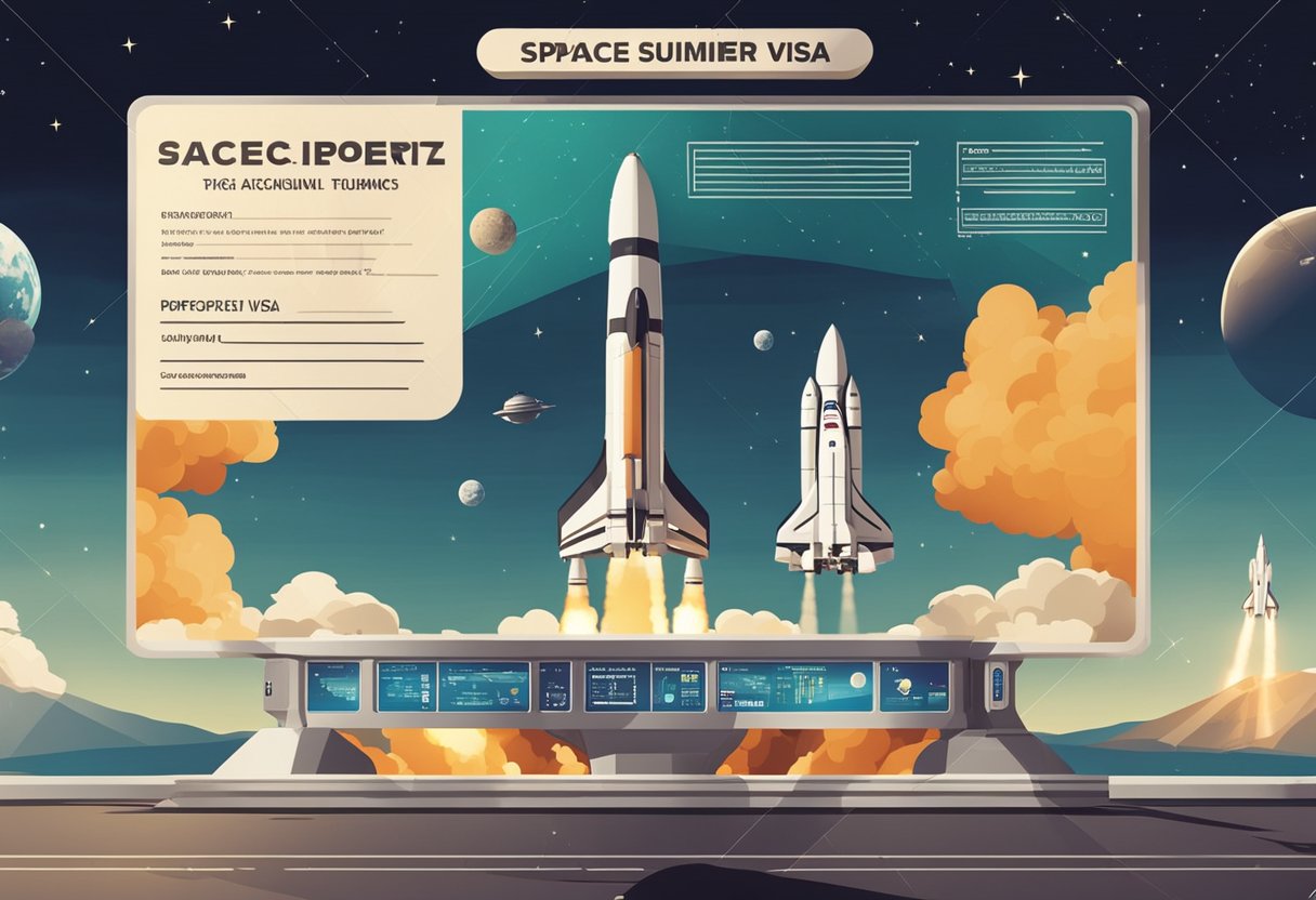 A spacecraft launches into the sky, with a futuristic spaceport in the background. A sign displays "Space tourism visa requirements" in multiple languages