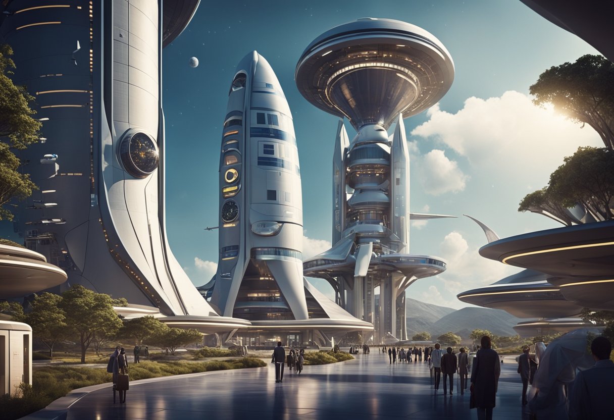 A futuristic spaceport with towering launch pads and advanced infrastructure, featuring prominent signs displaying space tourism visa requirements