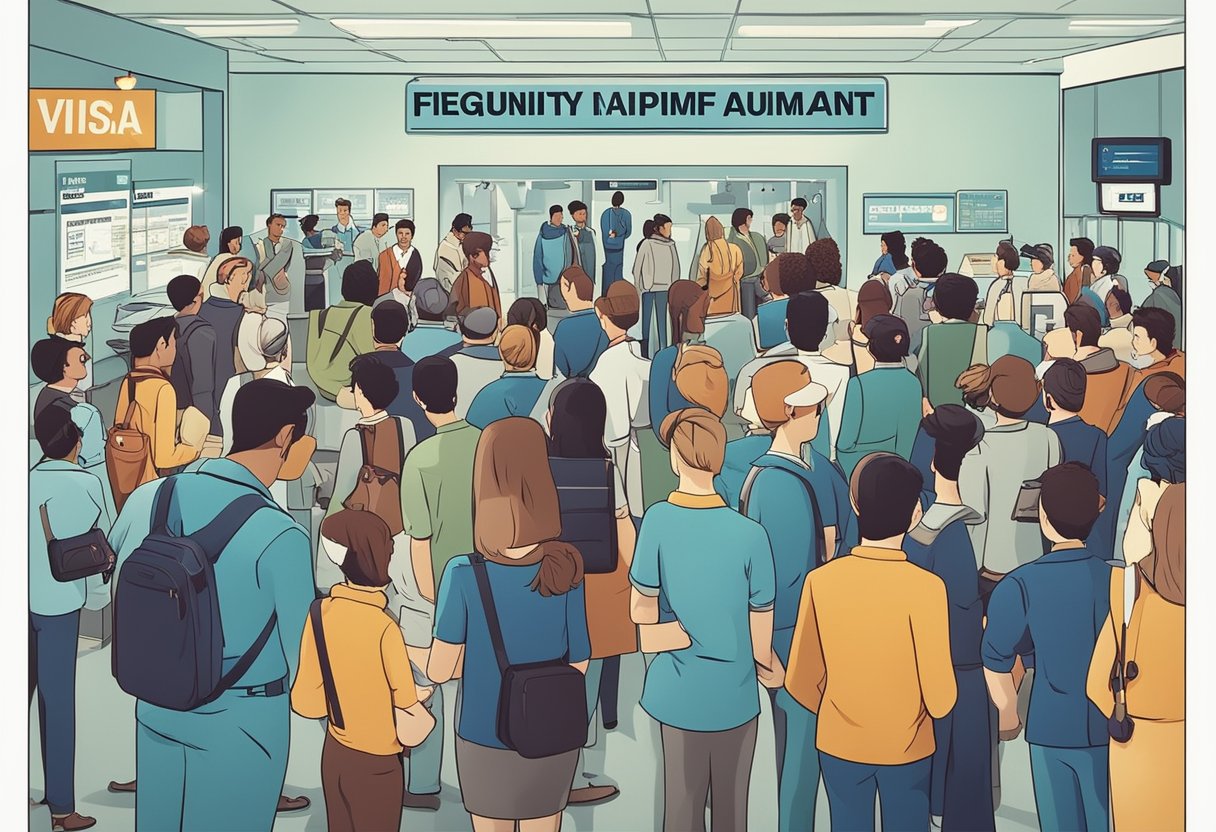 A crowded space tourism office with a sign displaying "Frequently Asked Questions: Visa Requirements" and people waiting in line