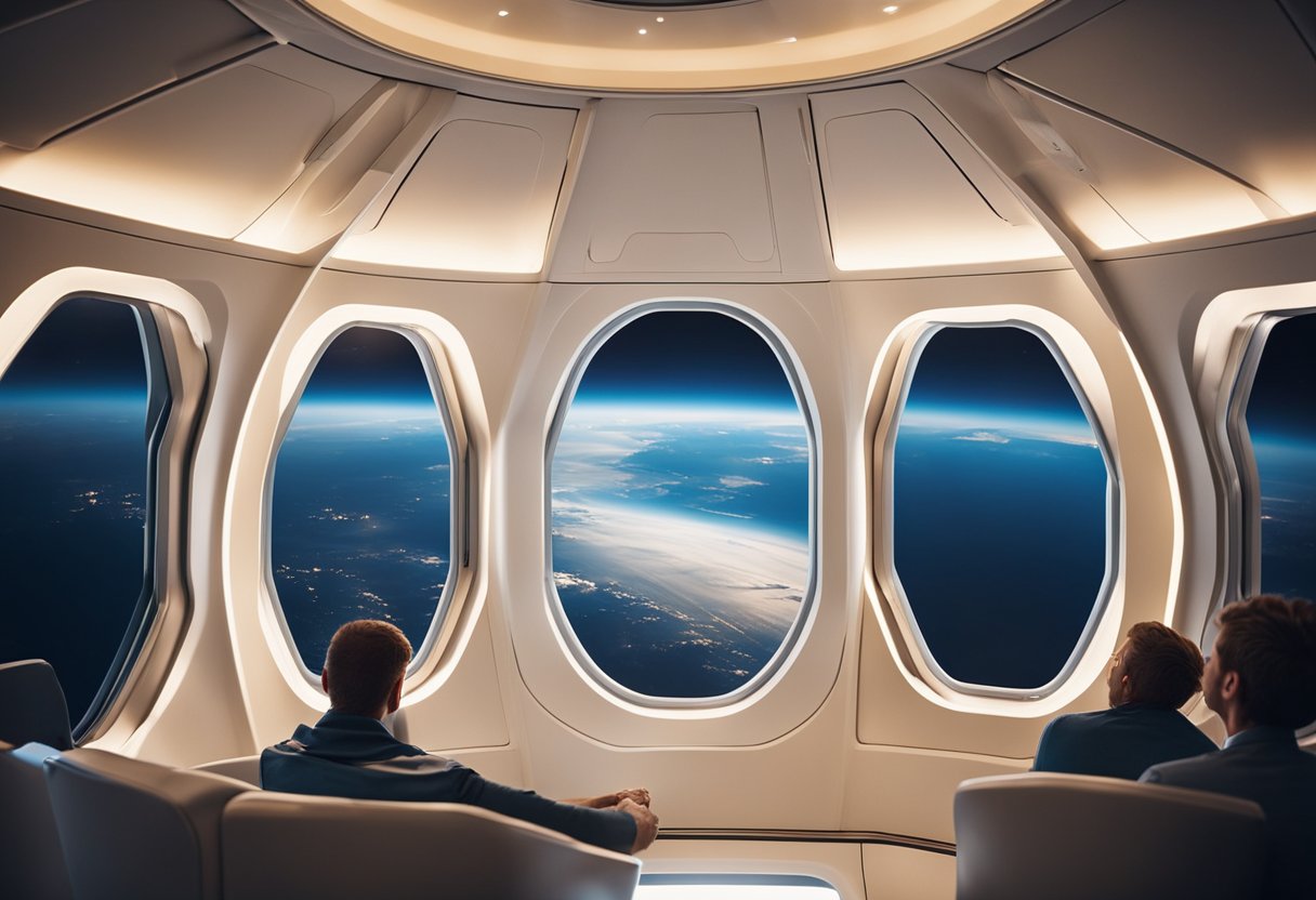 Passengers float weightlessly, gazing at Earth's curvature through large windows in the suborbital spacecraft. Sunlight illuminates the cabin, casting a warm glow on their faces as they marvel at the beauty of the planet below