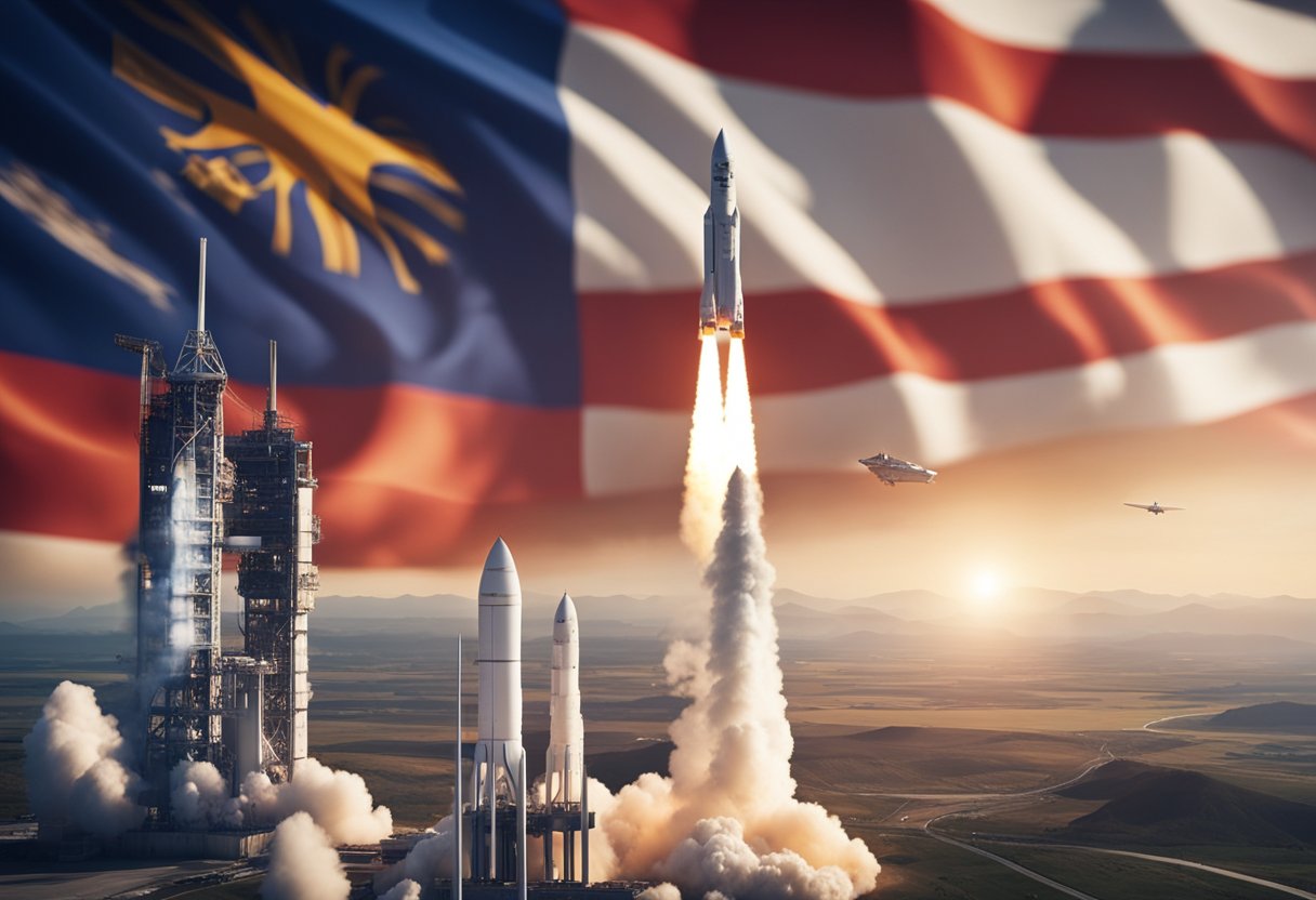 A rocket launches from a futuristic spaceport, surrounded by international flags and regulatory documents. The Earth is visible in the background as the rocket ascends into the sky