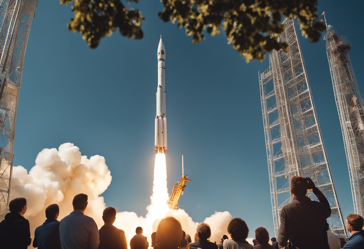 A rocket launches into the sky, with a crowd of onlookers watching in awe. Educational banners and displays surround the launch site, promoting public awareness of suborbital flight experiences