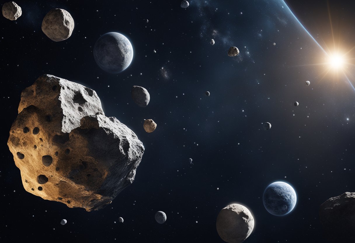 Asteroid belt objects orbiting in space, varying in size and shape, with rocky surfaces and irregular textures