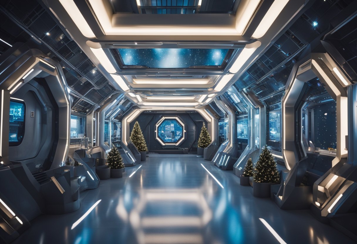 Exploring the Gateway space station during the holidays, with twinkling lights and festive decorations adorning the futuristic architecture