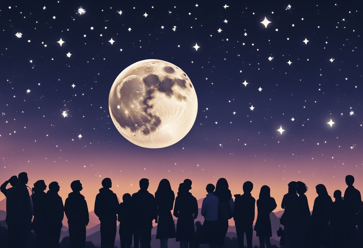 A crowd of people gathered, gazing up at the night sky filled with stars and a bright full moon. Telescopes and space-themed decorations adorned the area, reflecting the public's fascination and support for space exploration