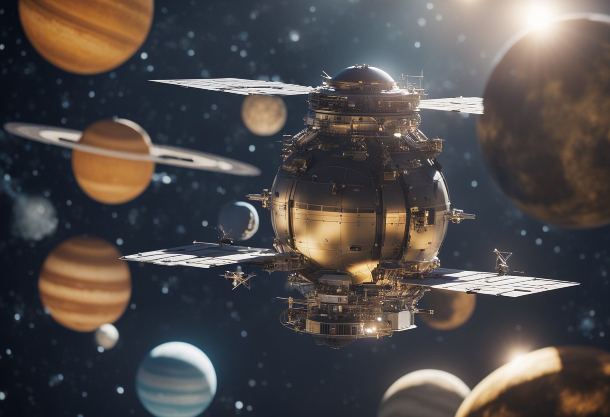 Spacecrafts navigate through vast expanse, passing by celestial bodies and distant stars, as they follow designated commercial space travel routes