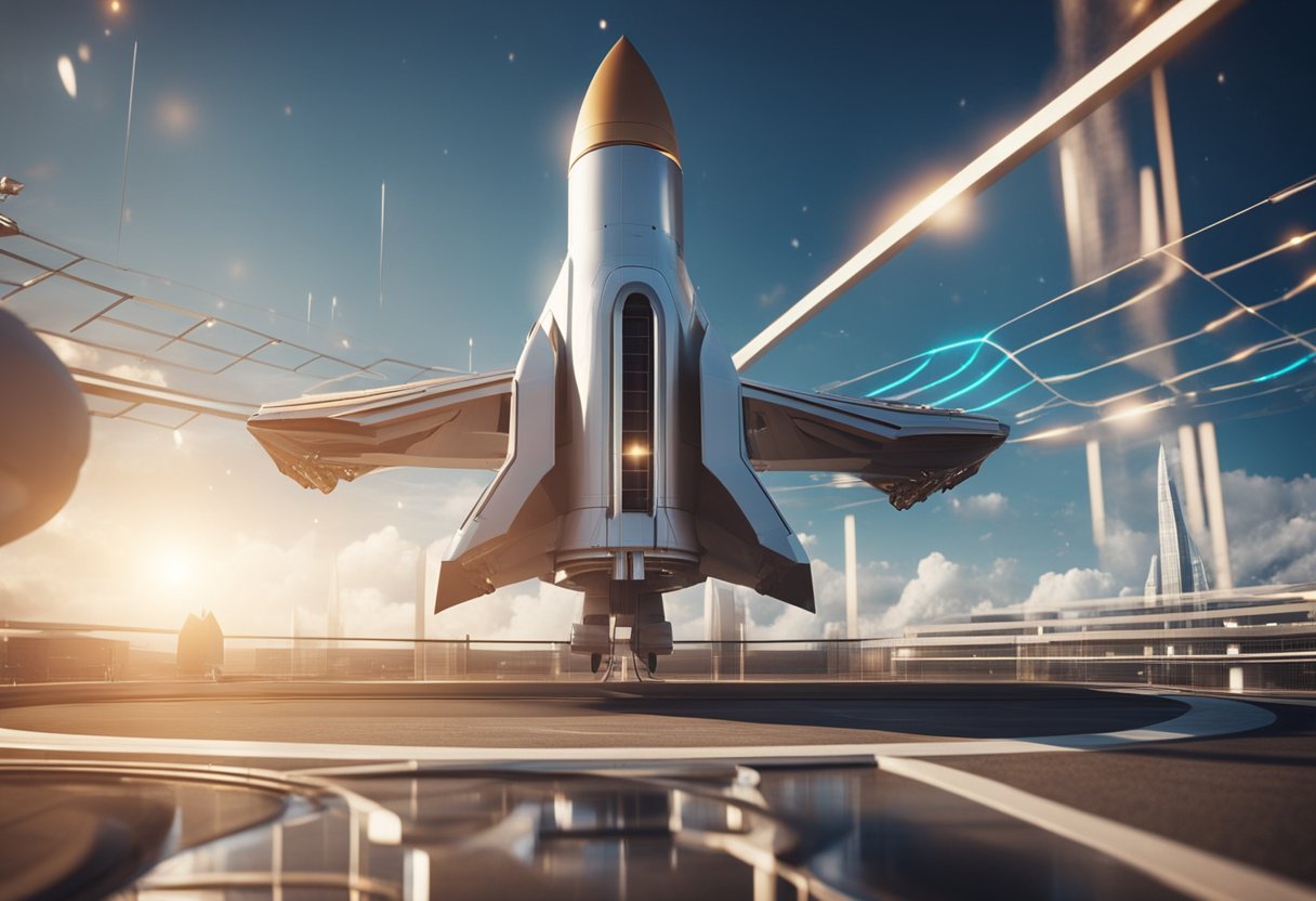 A rocket ship launches from a futuristic spaceport, following designated flight paths through a network of regulated commercial space travel routes