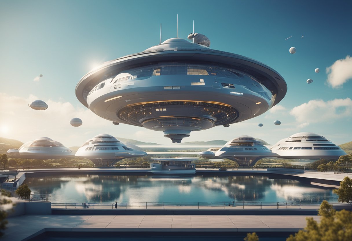 Spacecraft dock at futuristic spaceports, tourists float in zero gravity, admiring views of Earth from orbiting hotels