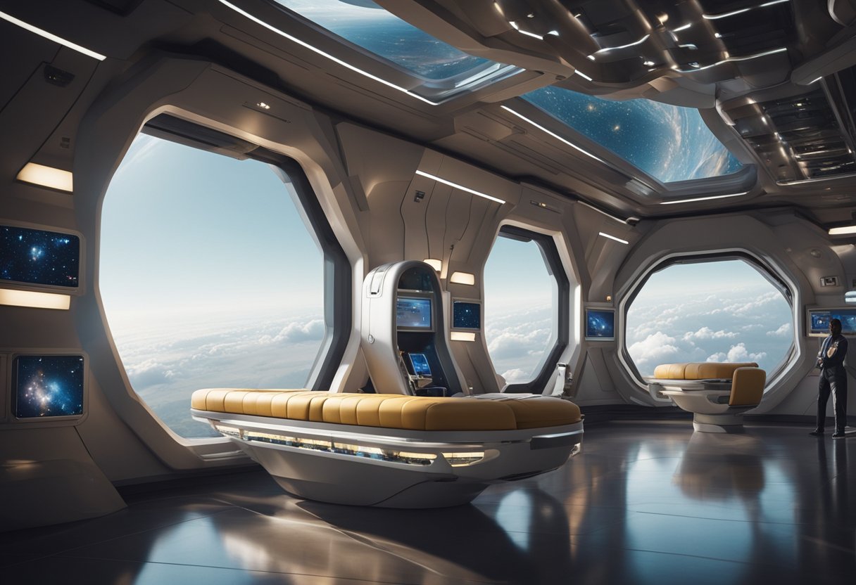 Future Space Tourism: Futuristic space hotels orbiting Earth, with sleek, transparent pods and panoramic views of the galaxy. A shuttle docks at the station, while tourists float in zero-gravity lounges