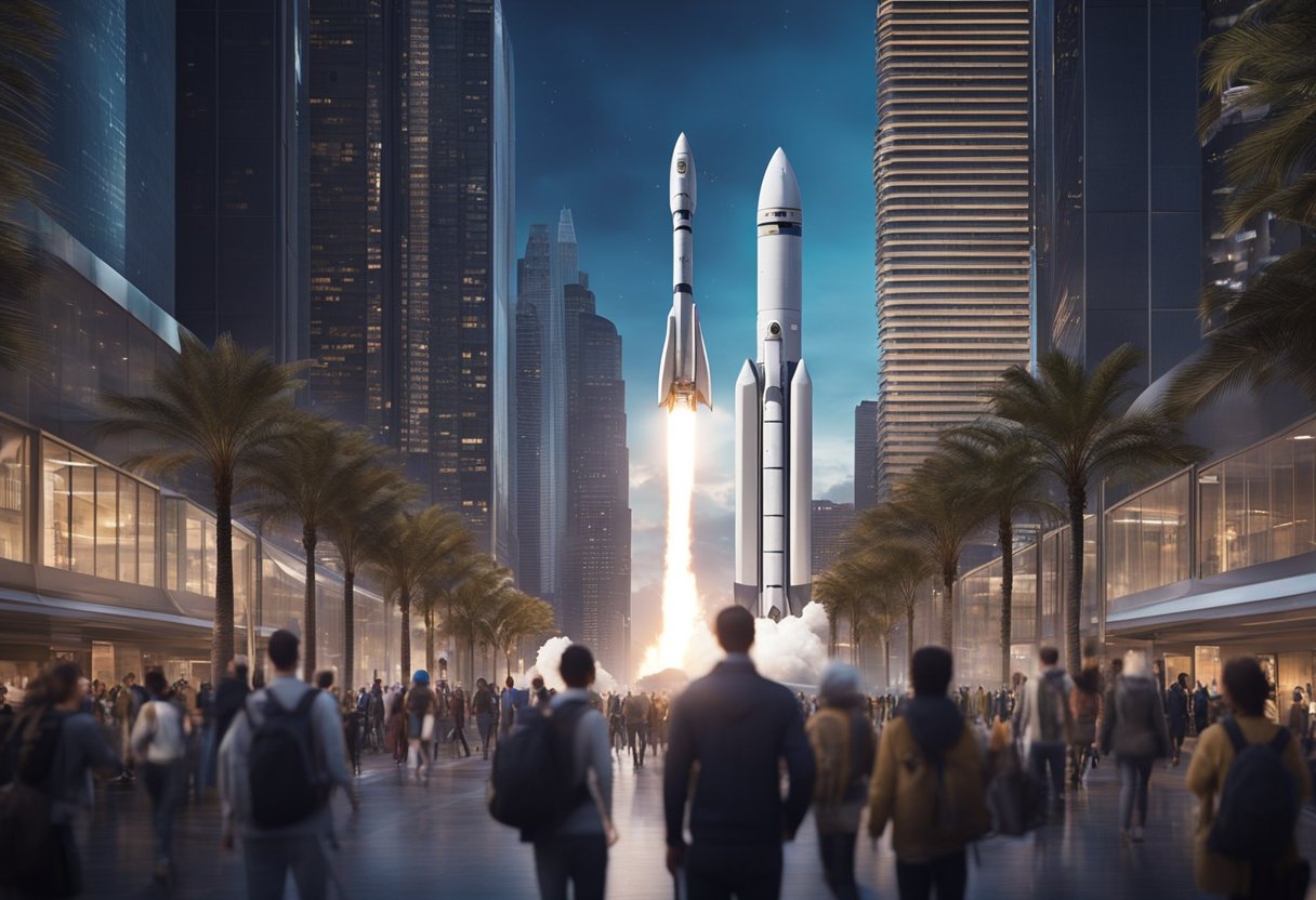 A rocket launches from a futuristic spaceport, surrounded by sleek, modern buildings and bustling with activity. Satellites orbit overhead, while tourists board shuttles bound for otherworldly destinations