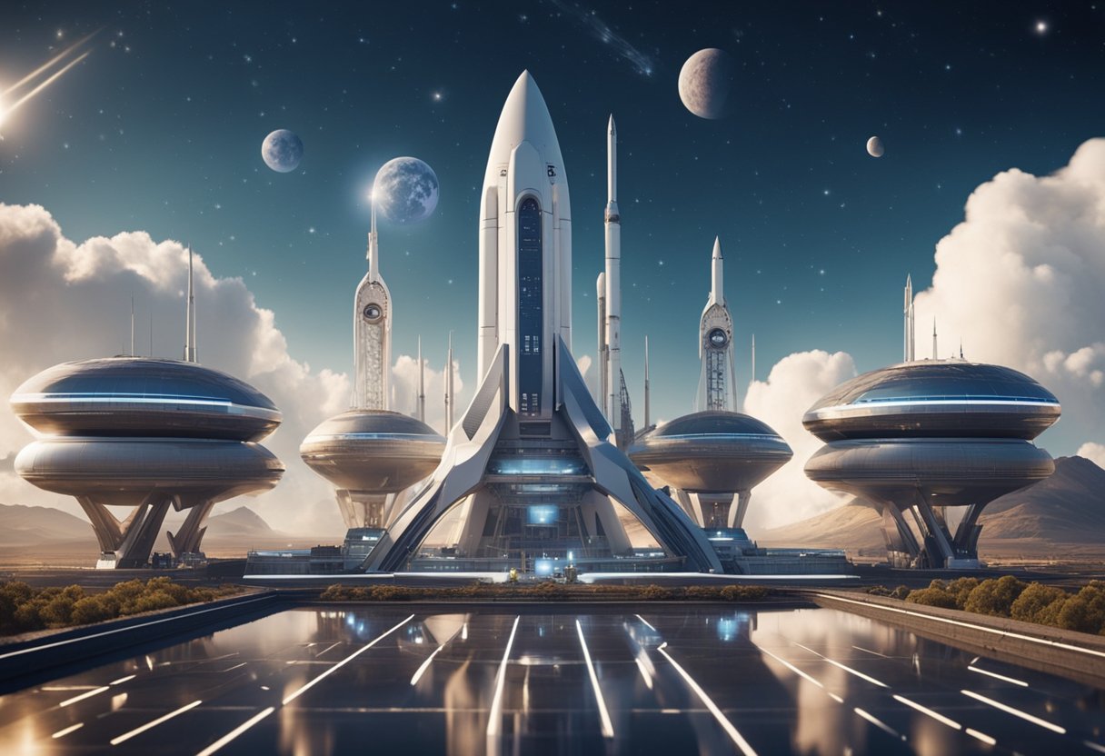 A futuristic spaceport with rocket ships launching amidst a backdrop of Earth and stars, highlighting the juxtaposition of environmental concerns and space tourism