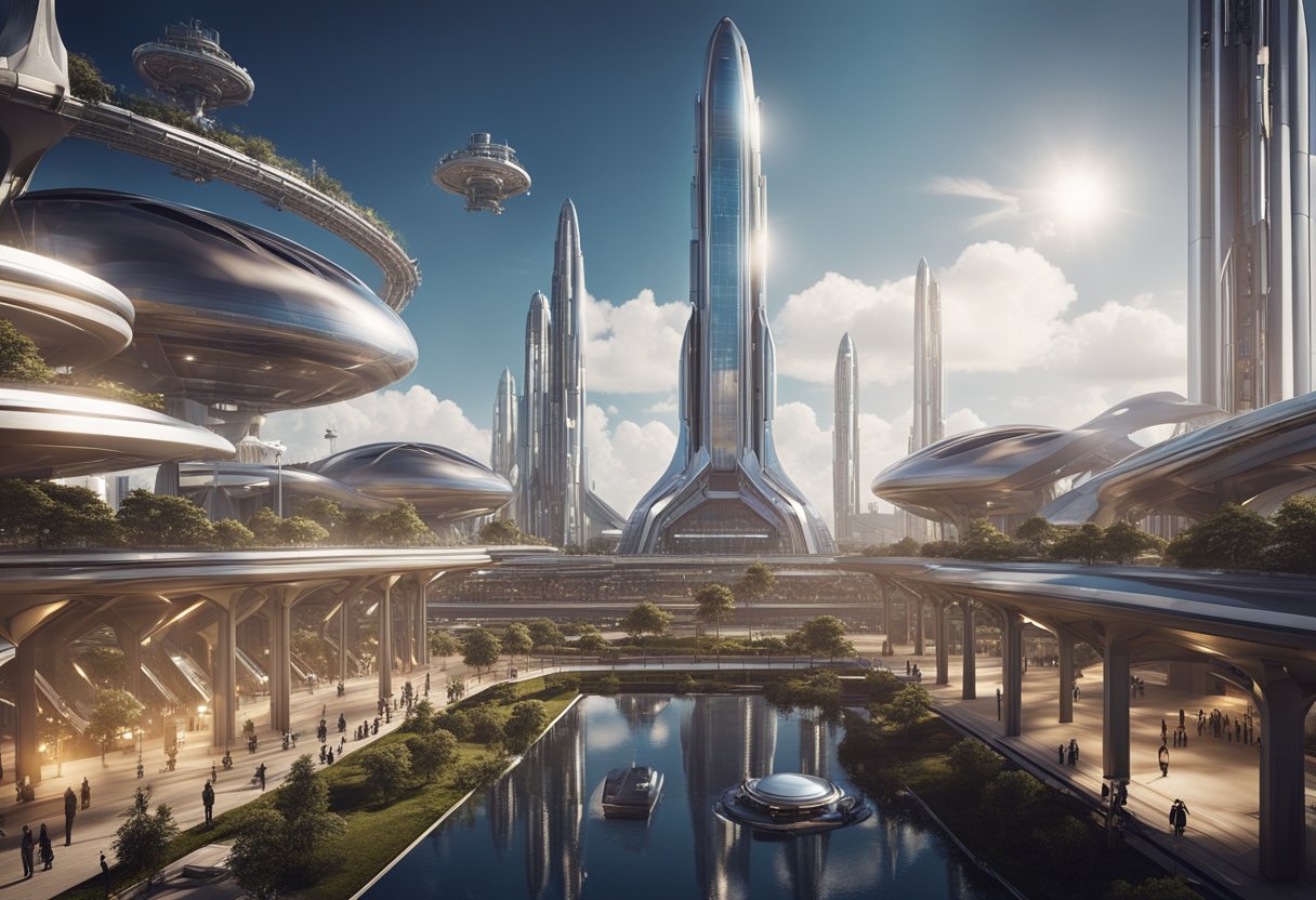 A futuristic spaceport with sleek, metallic spacecraft lining the launch pads, surrounded by towering glass structures and bustling with activity