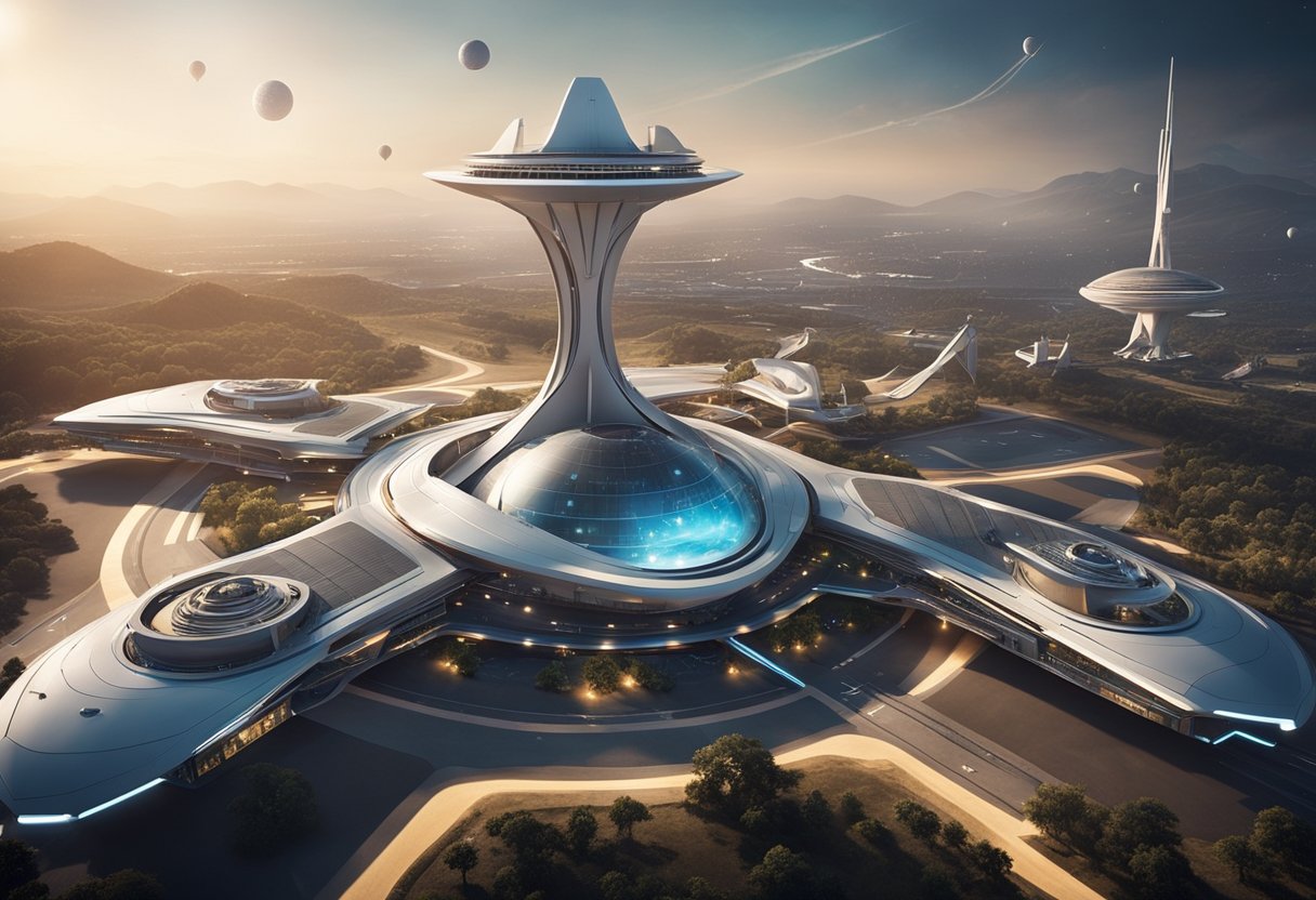 Futuristic spaceports with sleek architecture and bustling activity, surrounded by advanced spacecraft and awe-inspiring celestial views