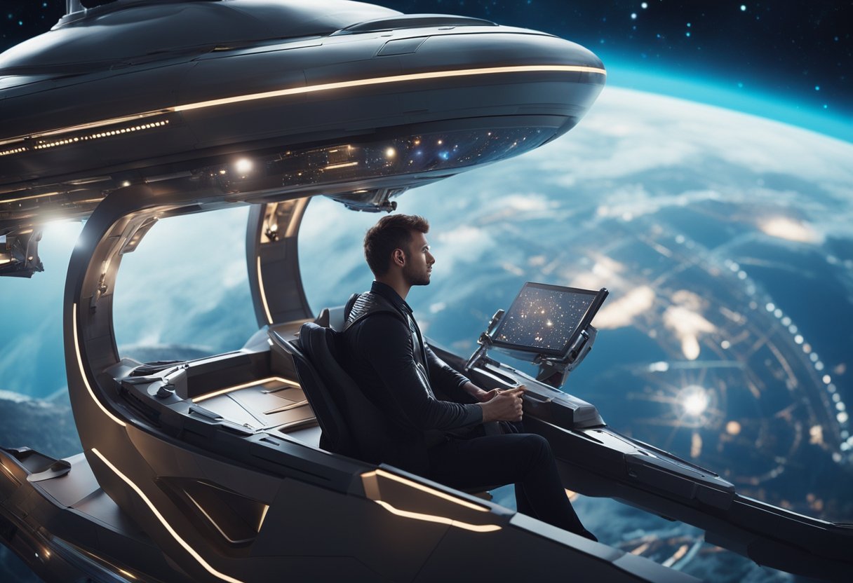 A space tourist floats outside a futuristic spacecraft, surrounded by stars and planets, while tethered to the ship