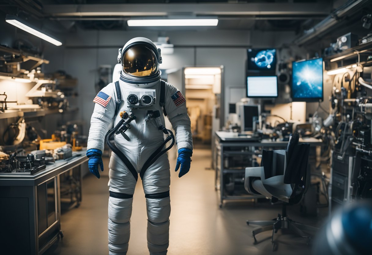 A space suit hangs in a brightly lit room, surrounded by tools and equipment. The suit's helmet reflects the image of a distant planet