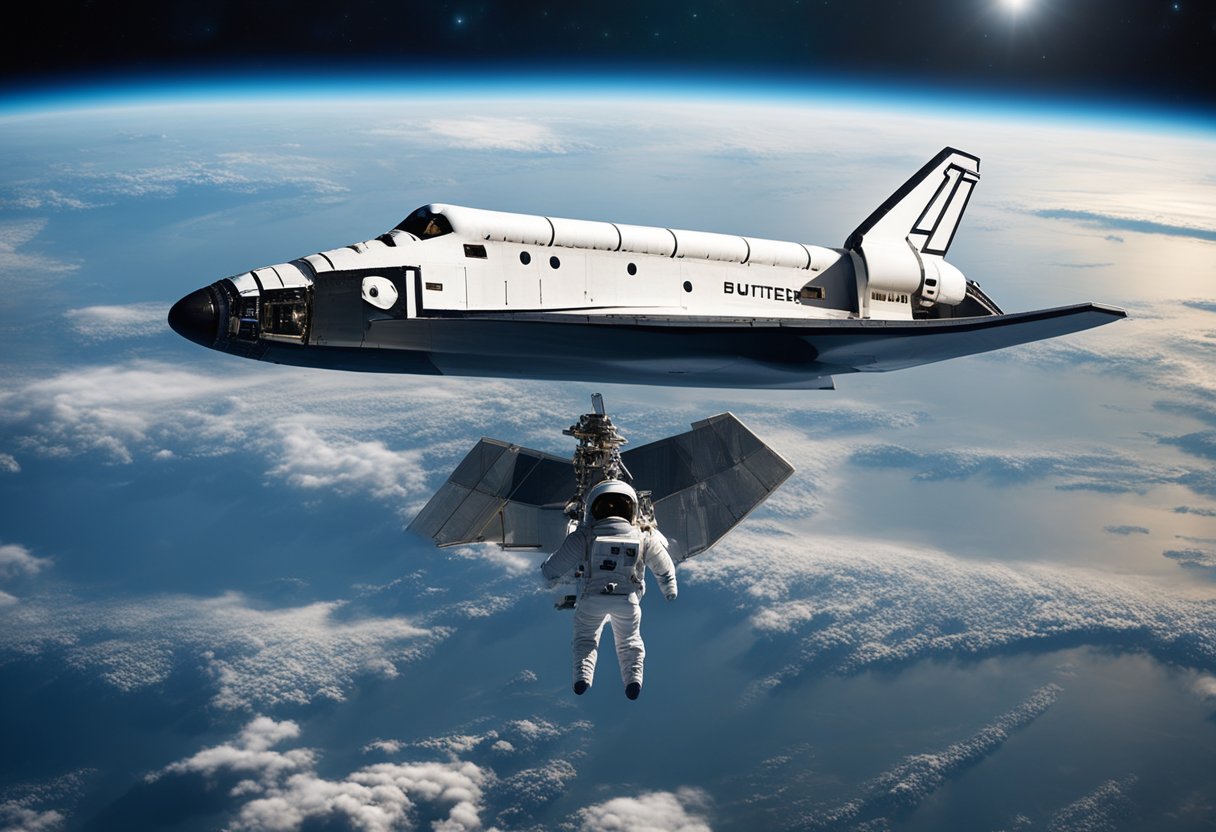 A space shuttle hovers above Earth, with an astronaut floating outside, tethered to the spacecraft. The blue planet and stars fill the background