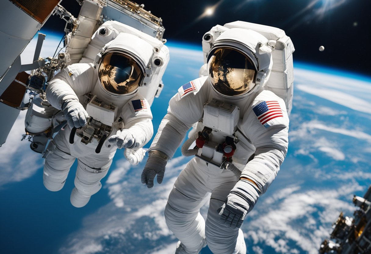 Spacecraft and launch vehicles orbiting Earth, with astronauts conducting spacewalks for tourist expeditions