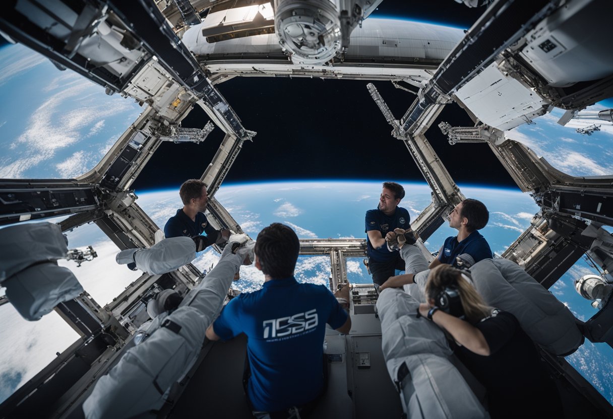 A group of tourists floats outside the ISS, gazing at the Earth below, with the black expanse of space stretching out around them