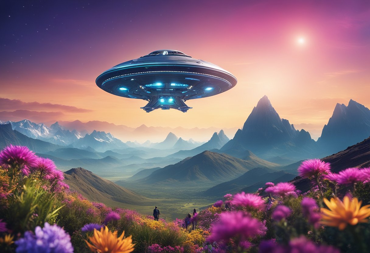 A spaceship hovers over a vibrant alien landscape, with towering mountains and colorful flora. A group of interplanetary travelers consult their guides, pointing towards a distant landmark