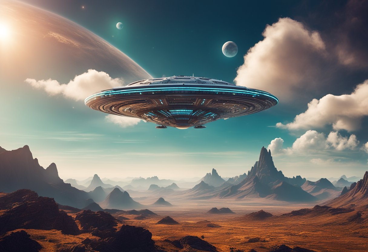 A spaceship hovers over a vibrant alien landscape, with towering mountains and swirling clouds. A team of explorers sets out to uncover the secrets of this distant world