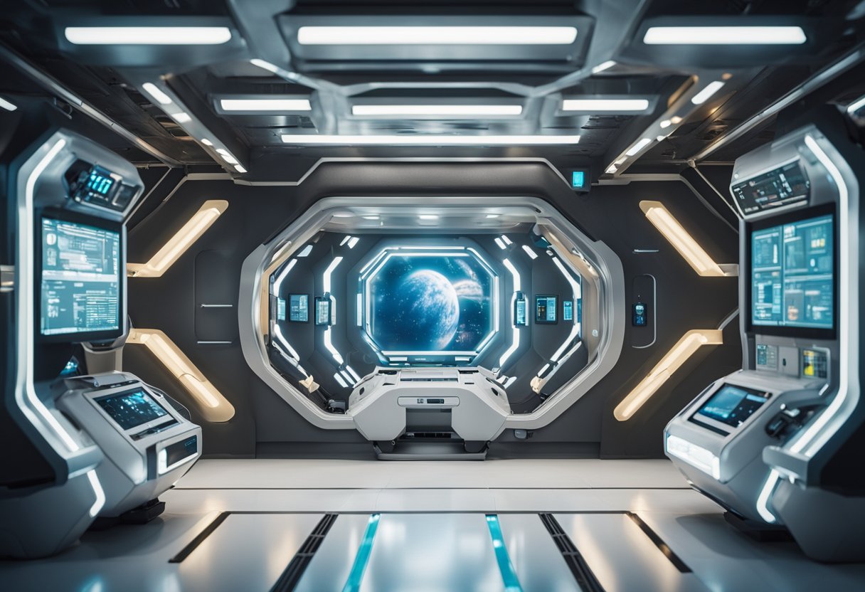 A futuristic space station with clear safety signs and health equipment