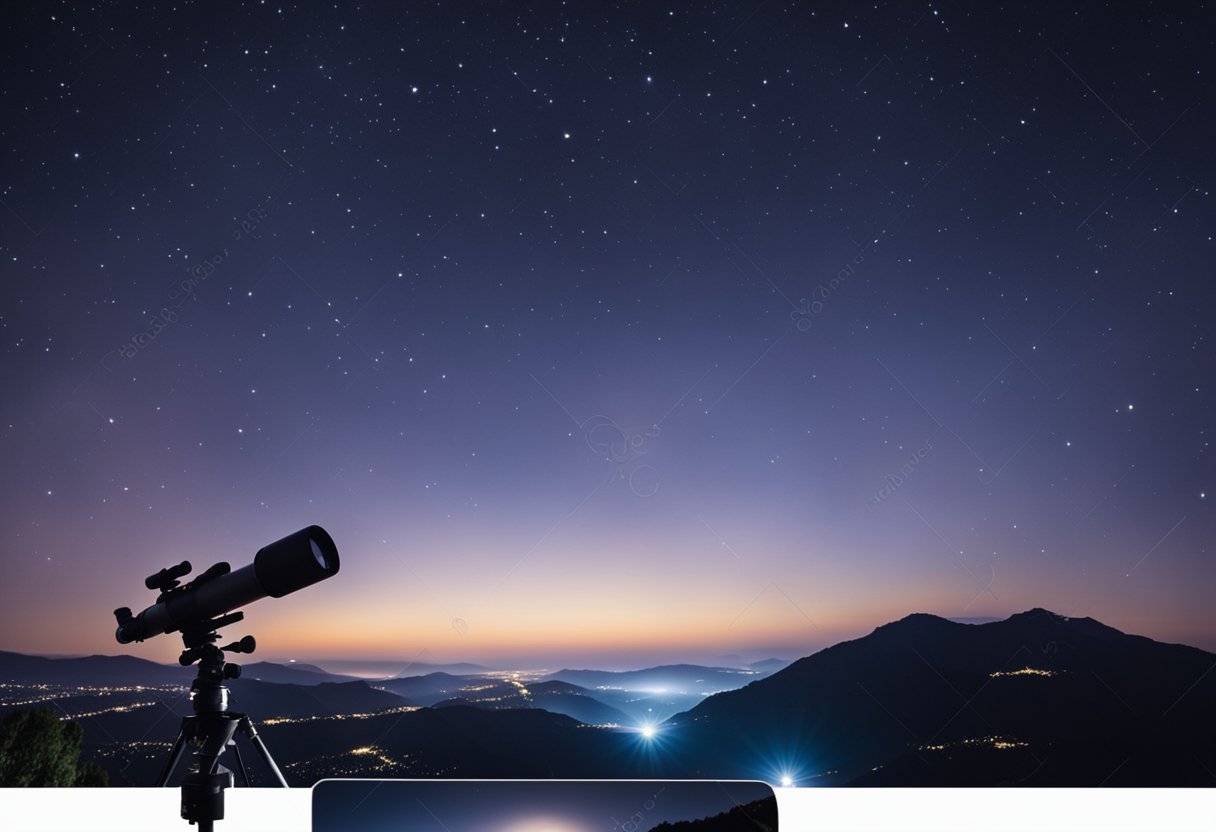 A clear night sky filled with twinkling stars and a bright, glowing moon. Telescopes and cameras pointed towards the heavens, capturing the celestial wonders above