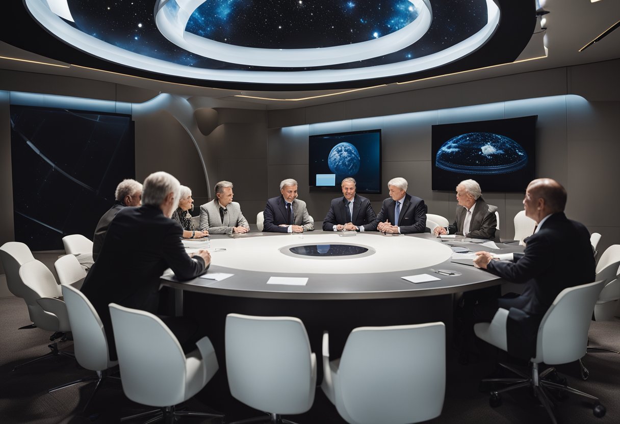 Public interest in space exploration is evident through policy and governance discussions. A group of officials is gathered around a table, engaging in dialogue and exchanging documents