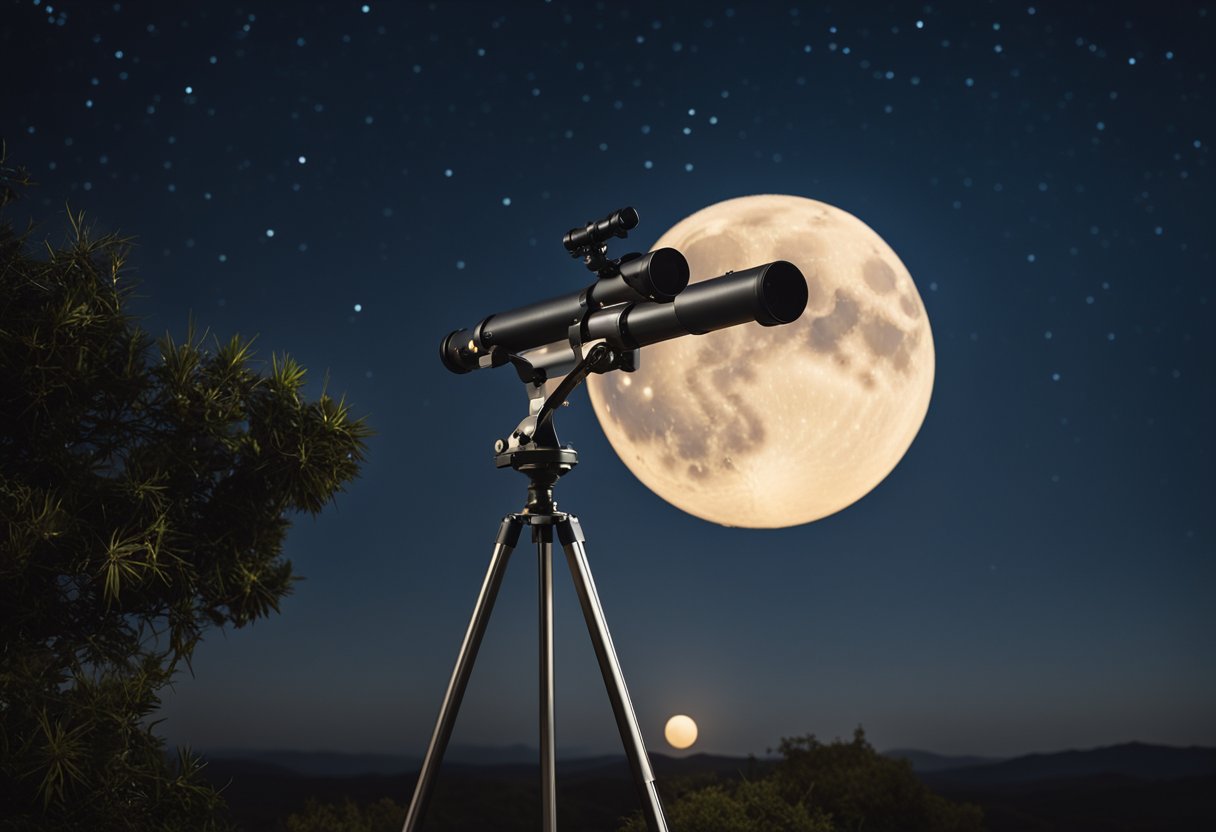 The telescope points towards the night sky, capturing the moon and distant stars. The surrounding landscape is dark and tranquil, with a sense of wonder and discovery in the air