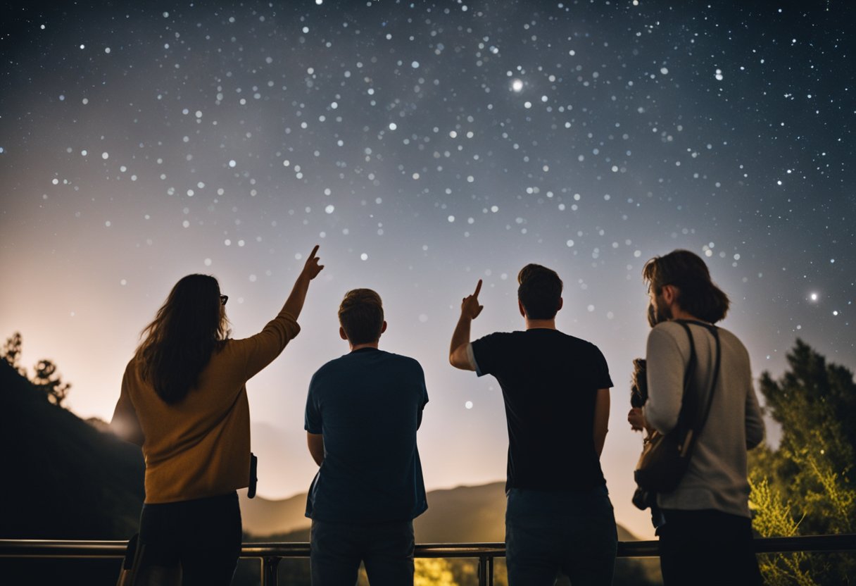 A group of tourists gaze up at the night sky, pointing and marveling at the celestial bodies during a guided tour