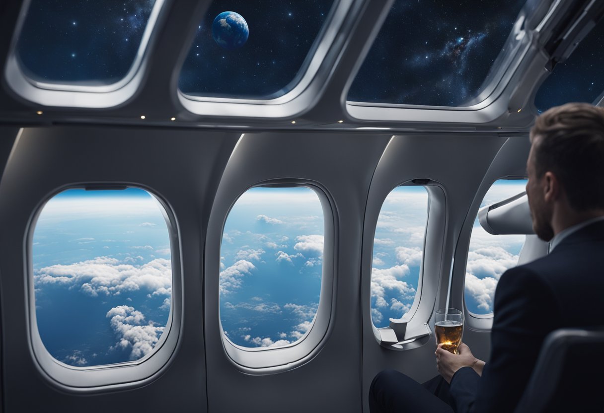 Passengers float weightlessly, gazing out large windows at the curvature of Earth below. A steward serves drinks as they marvel at the beauty of space