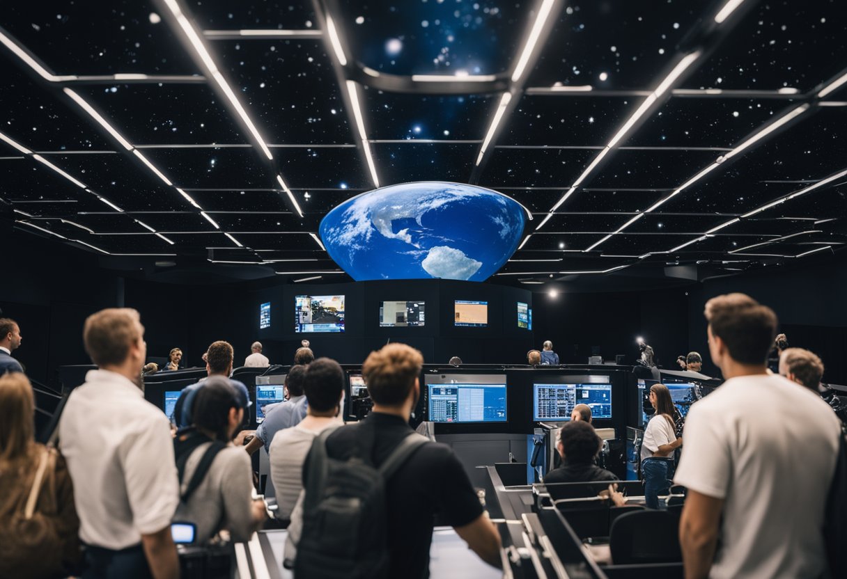Public interest in space shown through crowded planetarium, telescope events, and astronaut exhibits. Social media buzzes with space news