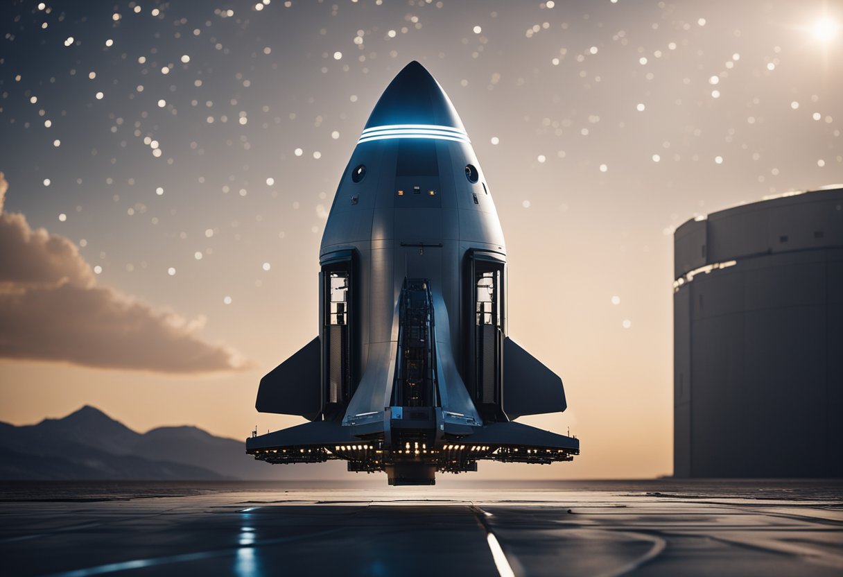 A sleek spacecraft launches into the starry expanse, with advanced technology visible on its exterior