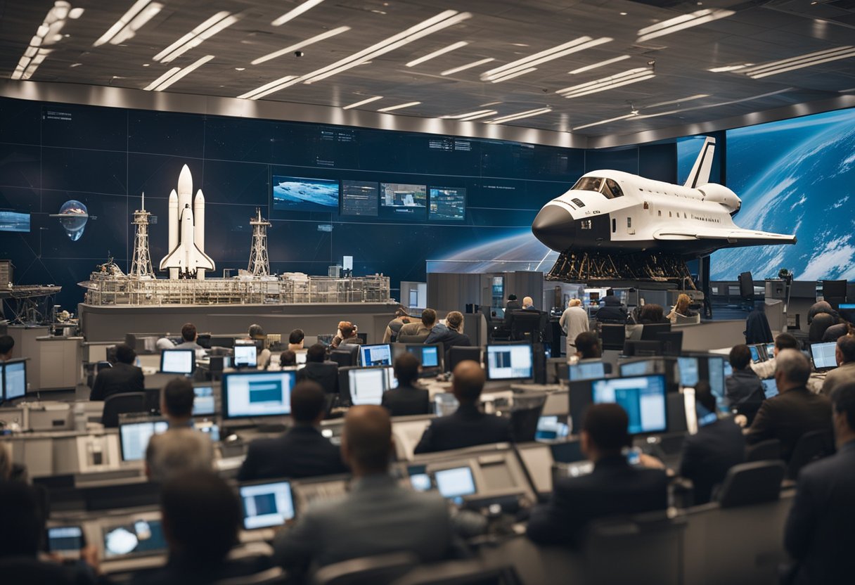 Private spaceflight excursions are set against a backdrop of changing regulations and growing commercial interest. The scene features spacecraft, launch pads, and a mix of government and private sector stakeholders