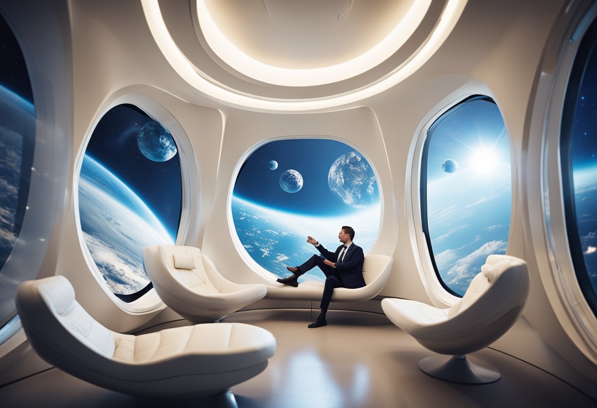Space Hotel Stays Guests float in zero gravity, admiring Earth's curvature through large windows. Luxurious accommodations and futuristic design create a unique experience